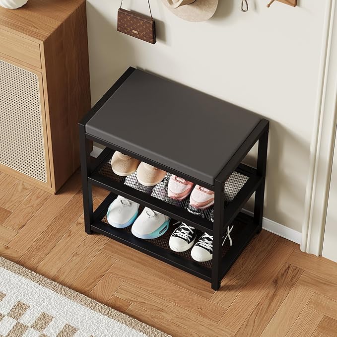 ZHOOGE Small Shoe Bench Shoe Rack Storage Bench Entryway Bench Shoe Shelf with Seat Cushion, Stable Shoe Organizer for Entryway, Living Room, Bench Seat Holds Up to 300 lb, (17"x 10"x 16", L x W x H)