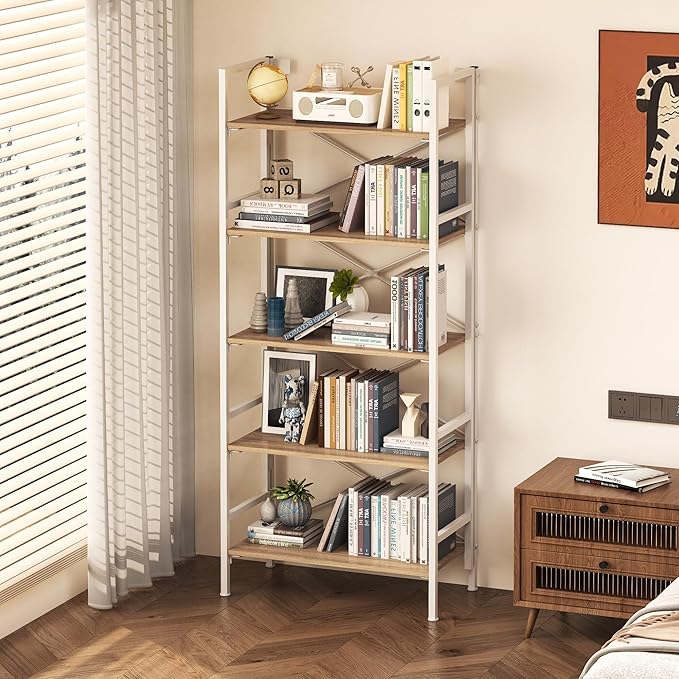 Folding Bookshelf,5 Tier Bookcase Foldable Shelf with X-Bracket Design, Adjustable Feet, Space Saving Storage for Living Room, Office, Light Coffee