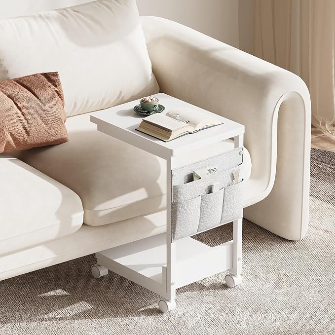 Side Table,C Table with 2-Tier Storage Shelf, End Table with a Storage Bag, Sofa Table with Wheels for Living Room, Bedroom, Office, Bathroom, White