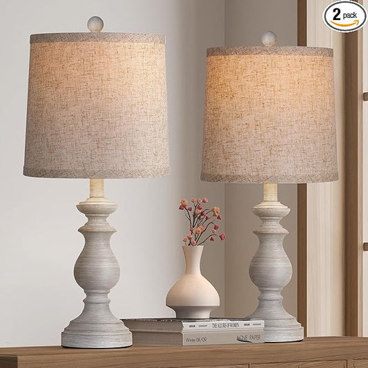 PARTPHONER Traditional Table Lamp Set of 2, Rustic Farmhouse Table Lamps for Living Room Bedroom, 22" Bedside Desk Lamps Vintage Nightstand Lamps with Linen Shades, Antique Grey
