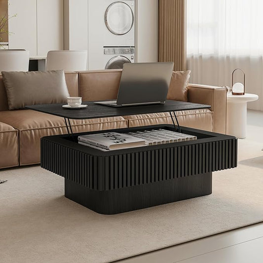 38.6'' Lift Top Fluted Coffee Table with Hidden Compartment, Modern Rectangular Wooden Center Table Cocktail Tea Table with Storage and Adjustable Height for Living Room Apartment, Black