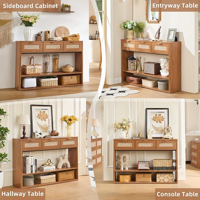 LEYAOYAO 48" Boho Rattan Console Table with 3 Drawers Set of 2,Wooden Entryway Table with Open Storage Shelf, 3 Tier Narrow Long Behind Couch Sofa Tables for Living Room, Hallway, Foyer, Brown