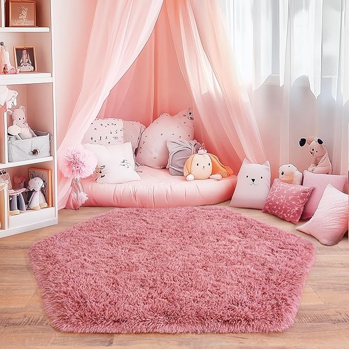 4x4.6 Feet Blush Hexagon Rugs for Princess Tent, Ultra Soft Fluffy Hexagon Area Rug for Bedroom, Cute Shag Rugs for Girls Room, Fuzzy Plush Carpet for Kids Room Tent Castle Home Decor