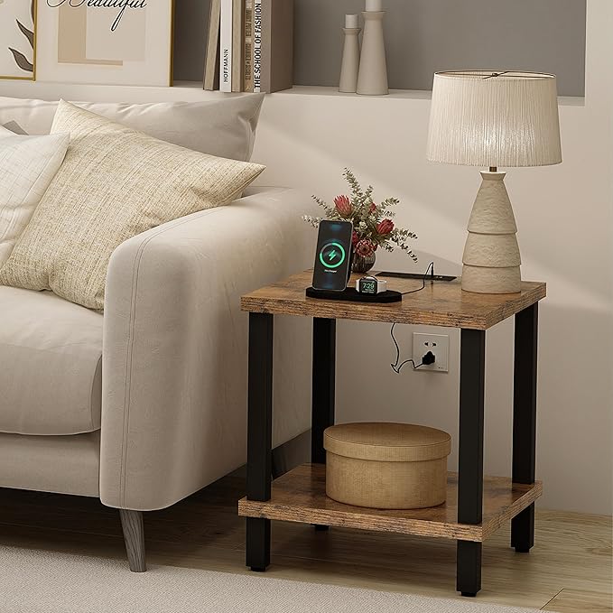 Large End Table Square Side Table with Charging Station Modern Sofa Table 20 Inch Industrial Coffee Table NightStand with 2-Tier Storage Shelf for Living Room Bedroom Rustic Brown MLBZ06RE
