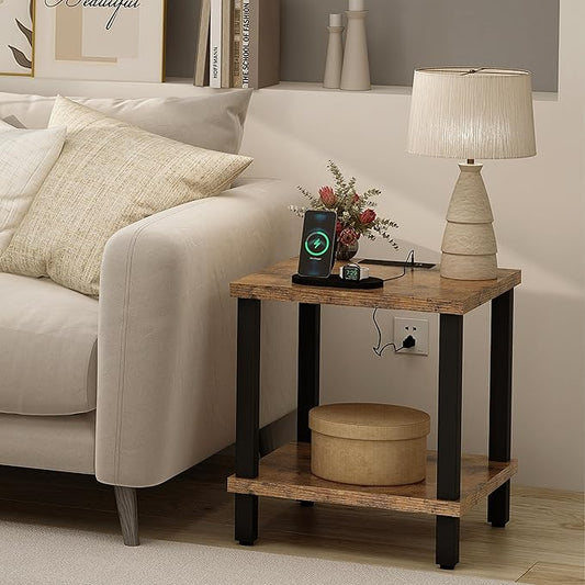 Large End Table Square Side Table with Charging Station Modern Sofa Table 20 Inch Industrial Coffee Table NightStand with 2-Tier Storage Shelf for Living Room Bedroom Rustic Brown MLBZ06RE