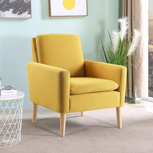 Lohoms Mid-Century Modern Accent Chair, Linen Fabric Upholstered Comfy Reading Leisure Chair for Living Room, Bedroom, Office, Waiting Room, Wood Legs, Mustard Yellow