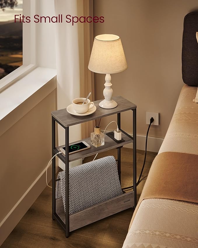VASAGLE Side Tables with Charging Station, Set of 2 Narrow End Tables, 3-Tier Nightstands, Sofa Tables for Small Spaces, for Living Room, Bedroom, Study, Heather Greige and Ink Black ULCT664K04