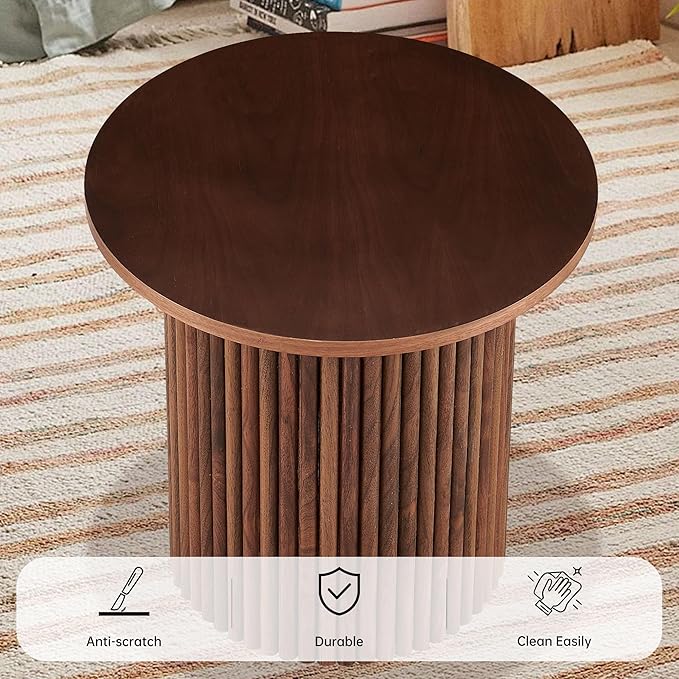 19 Inch Round End Table, Small Accent Pedestal Side Table, Wood Bedside Table for Living Room, Bedroom, Walnut Wood Veneer