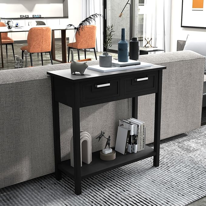 GOFLAME Small Console Table with 2 Drawers, 31” Entry Table with Storage Shelf, Modern, Narrow Sofa Table for Living Room, Hallway, Entrance (Black)