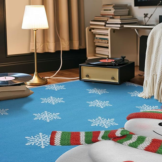 Snowman Rug Blue - 3x5 Rug, Christmas Snowflake Door Mat Indoor Entrance, Snowman Entryway Throw Rugs, Kids Cartoon Xmas Carpet, Holiday Home Decor & Gifts