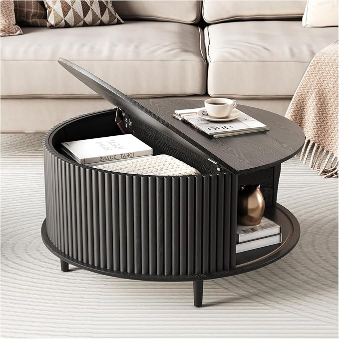 Round Coffee Table with Storage, Mid Century Modern Center Table with Sliding Cabinet Door, Fluted Dining Table for Living Room, Home Small Space, 31.5", Black