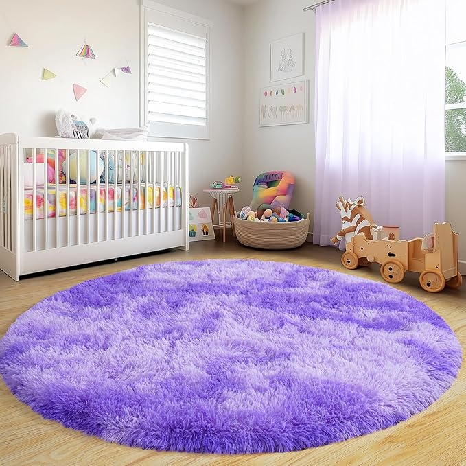 Round Fluffy Rugs 5Ft for Girls Bedroom, Tie-Dyed Purple Shag Circle Kids Rug Non-Slip for Bedside Dorm Nursery Playroom, Soft Cute Area Rugs for Living Room Decor