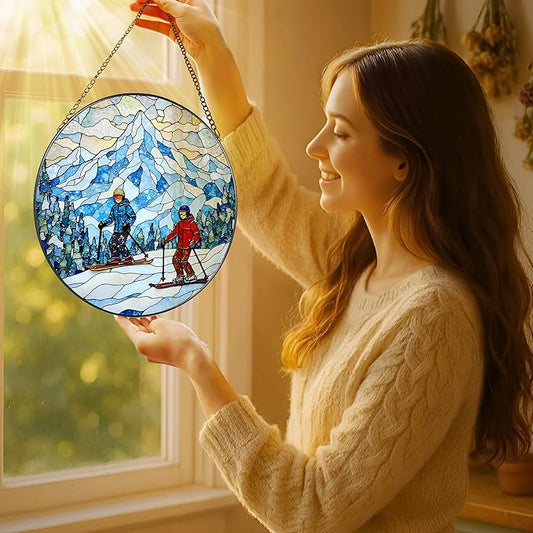 8'' Snowy Mountain Skiers Sun Catcher Ornament, Stained Glass Window Hanging, Sun Catchers for Windows Hanging Ornaments, Window Decor | Ideal Gift, Gift Exchange, Gifts for Skiers