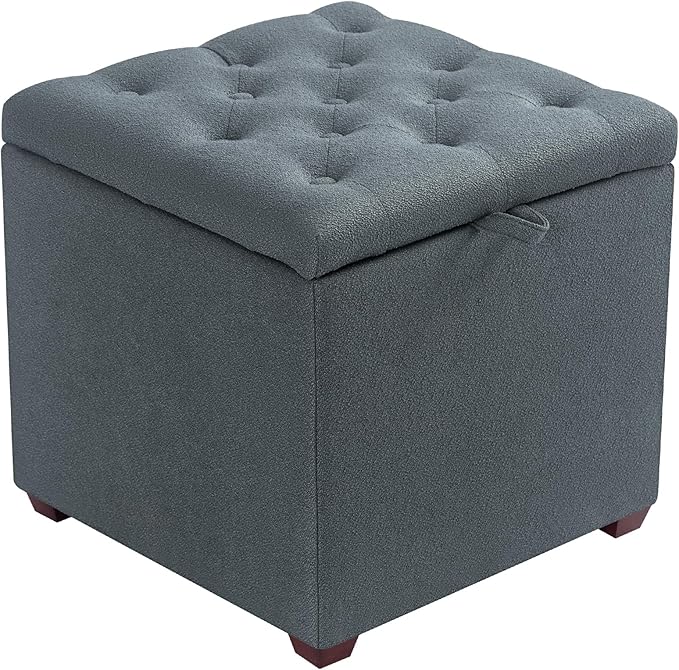 Adeco 18" Grey Square Storage Ottoman with Tray, Small Cube Ottoman Coffee Table with Decorative Fashion Paris Nails, Dorm Room, Bedroom, or Living Room