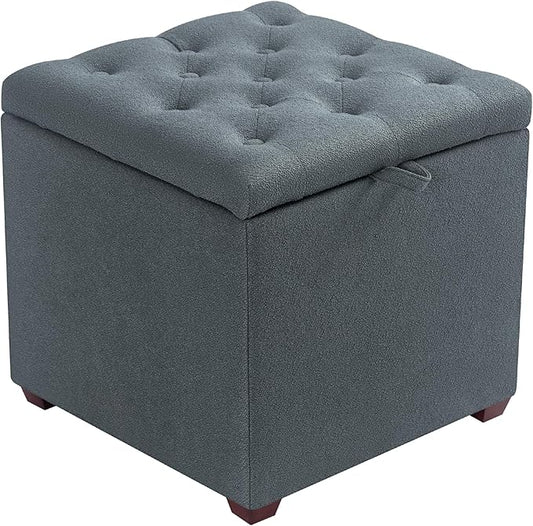Adeco 18" Grey Square Storage Ottoman with Tray, Small Cube Ottoman Coffee Table with Decorative Fashion Paris Nails, Dorm Room, Bedroom, or Living Room