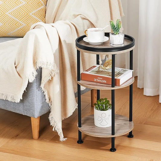 Small Round Side Table, Oak Round End Table for Living Room & Bedroom, Modern 3-Tier Nightstand with Storage Shelf, 11.8" Narrow Accent Table for Small Spaces, Nursery, Plant Stand,Natural Wood Finish