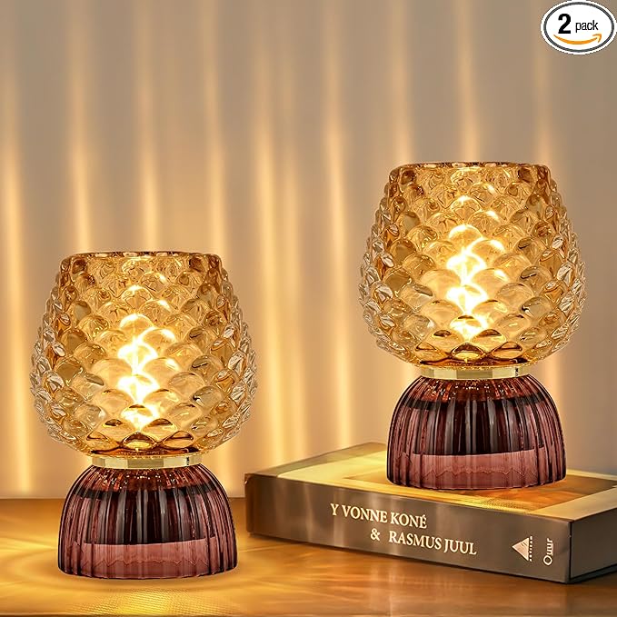 Battery Operated Lamp with Timer, Cute Small Cordless Glass Table Lamp for Home Decor, Kitchen, Bathroom, Birthday Gift for Women, Pinecone, Amber, 2 Pack