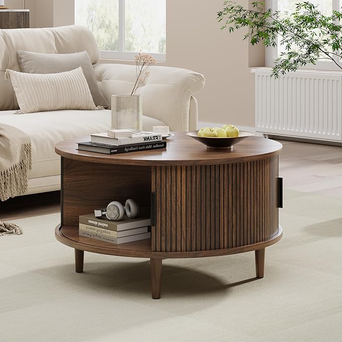 Mid Century Round Coffee Table, Fluted Center Table with Sliding Door, Modern Dining Table with Storage for Home Living Room Office, 31.5", Walnut