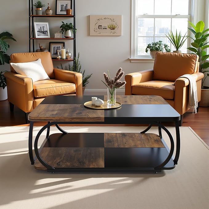 2-Tier Coffee Table with Storage Shelf, 39" Small Square Coffee Table Modern Wooden and Metal Accent Center Sofa Side Tables for Living Room, Brown & Black