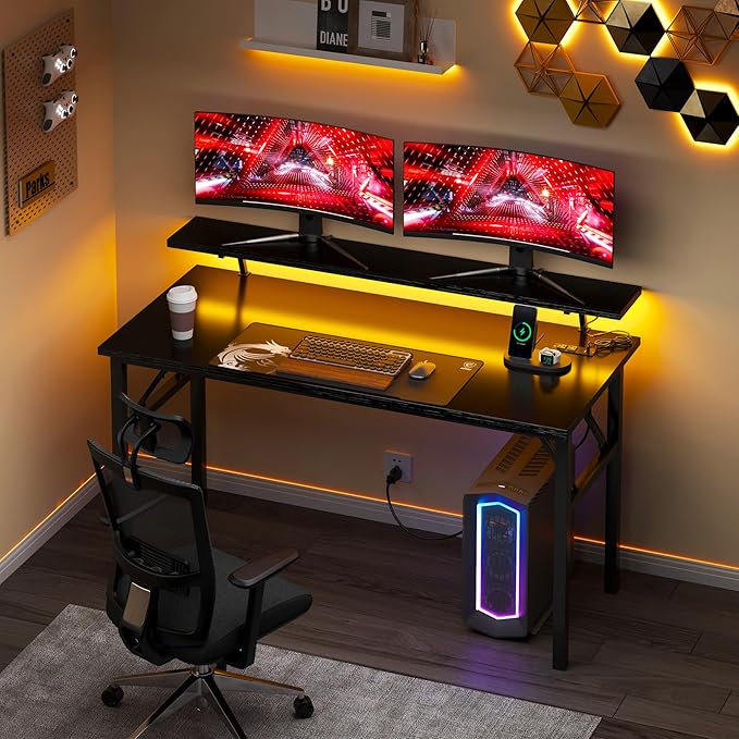 DlandHome Computer Desk 47’’ with LED Lights & Power Outlets,Folding Desk with Monitor Stand, Writing Desk Home Office Desk, Fully Assembled,Black