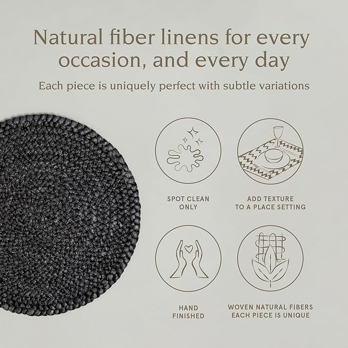Over&Back Set of 4 Natural Round Woven Placemats - Dining Table Mat - Made with Natural Fibers - Kitchen and Home Decor - Black