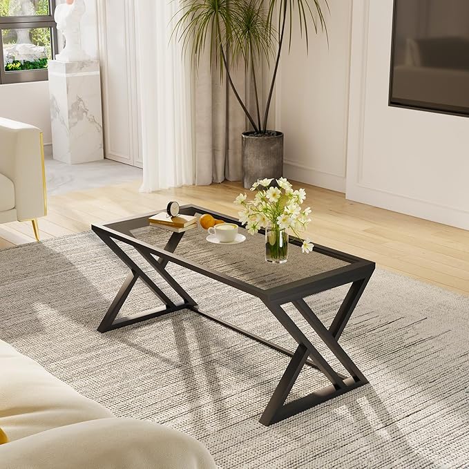 Coffee Table Grey Glass Coffee Table for Living Room,Modern Rectangular Center Table with Sturdy Metal Frame,Tempered Glass Table Tea Tables for Bedroom Home Office