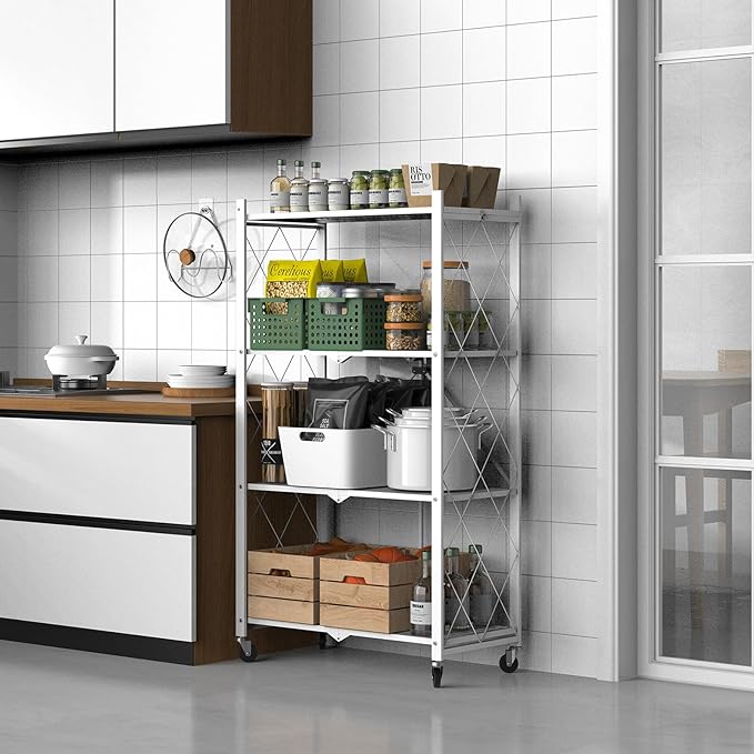 50" H 4 Tier Foldable Storage Shelf with Wheels, Folding Shelving Loads 400 LBS, Metal Steel Garage Shelves, Rolling Standing Utility Rack for Kitchen, Pantry, Office, White