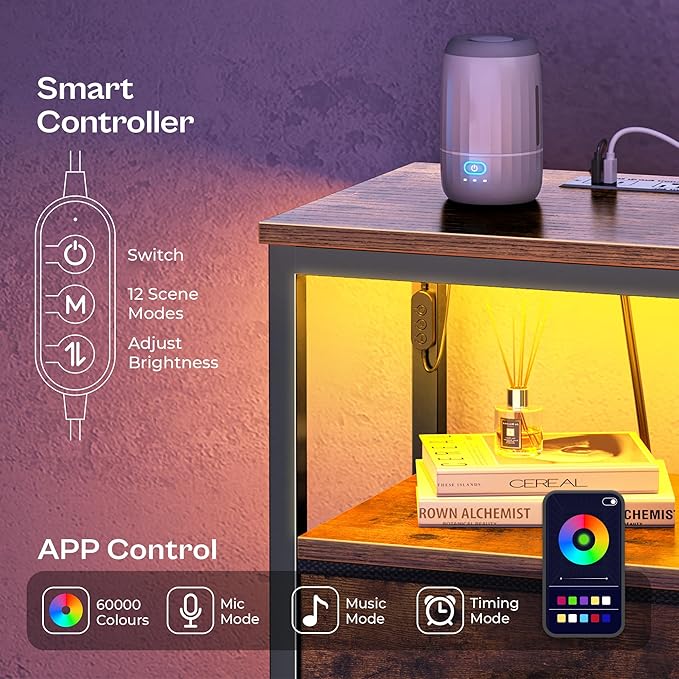 Huuger Night Stand with Charger Station and LED Lights, 3 Drawer Nightstand, Bed Side Table with Open Shelf, End Table, Tall Fabric Dresser for Bedroom, Rustic Brown