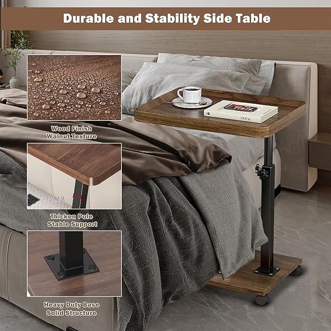 YYW Adjustable C Shaped End Table with Wheels - 360° Swivel TV Tray Table for Sofa/Bed/Bathtub, Slide Under Couch, Height Adjustable (17.7-31.5 Inches),Living Room, Bedroom, Study (Walnut Color)