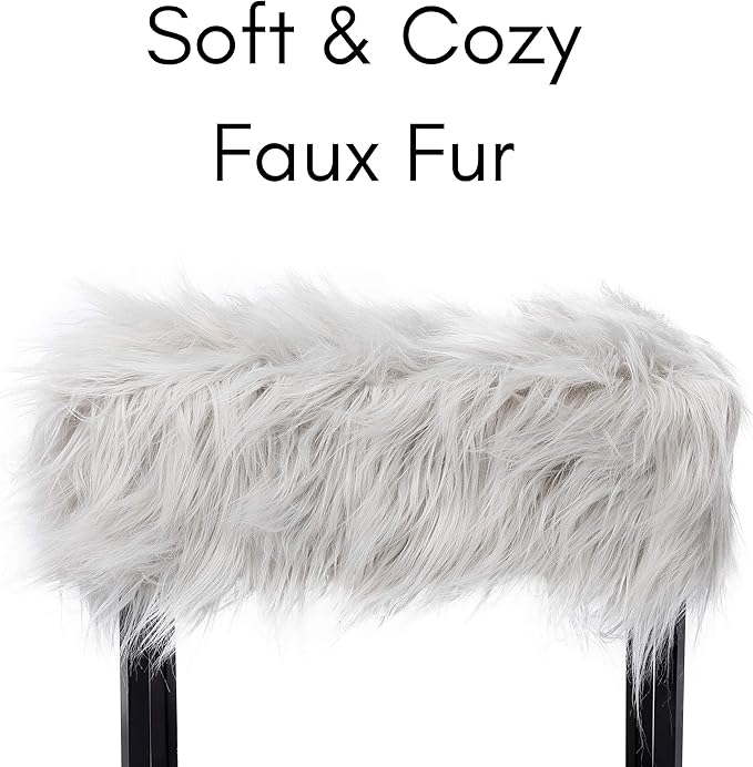 BIRDROCK HOME Rectangular Faux Fur Vanity Stool Ottoman w/Black Metal Legs - Small Fluffy Makeup Seat - Cute Foot Rest for Bedroom, Desk, or Dressing Table - Compact Chair for Girls Dorm Room - Grey