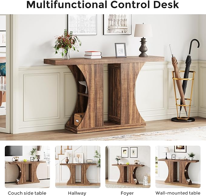 VANOMi 47" Farmhouse Console Table Behind Sofa Couch with Stroage, Industrial Hallway Table with 4 Shelves Storage, Wooden Accent Sofa Table for Entry Living Room Hallway Foyer