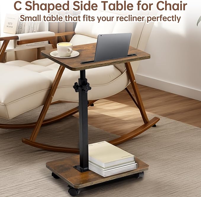 Aoligrace C Table End Table Adjustable Height, 360°Swivel TV Tray Table with Wheels, Small Side Table for Couch C Shaped End Table for Living Room Bedroom Small Spaces (Rustic Brown)