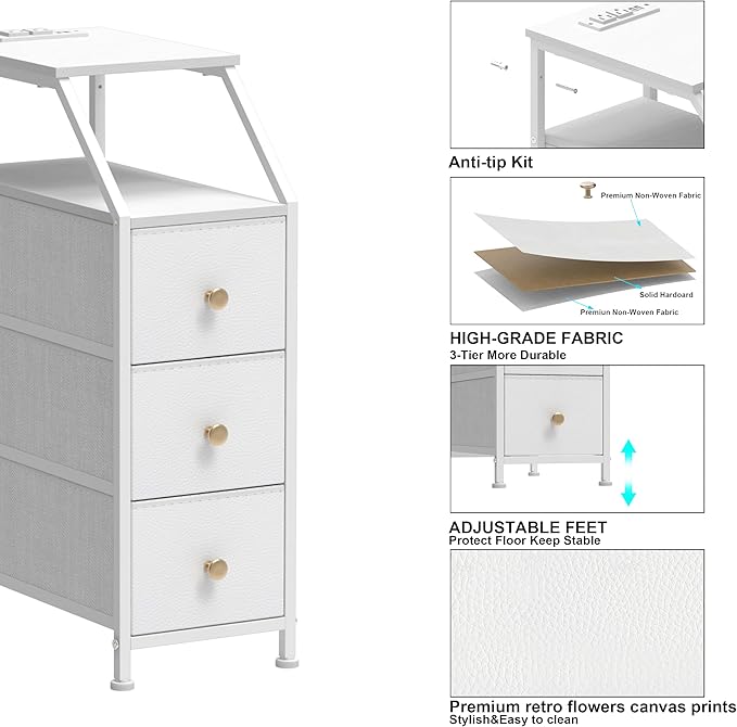 Tohomeor Narrow Dresser Tall Skinny Storage Tower Vertical Slim Chest of Drawers with Charging Station Small Nightstand Side Table for Bedroom, Bathroom, Small Spaces (White, 3 Drawers)