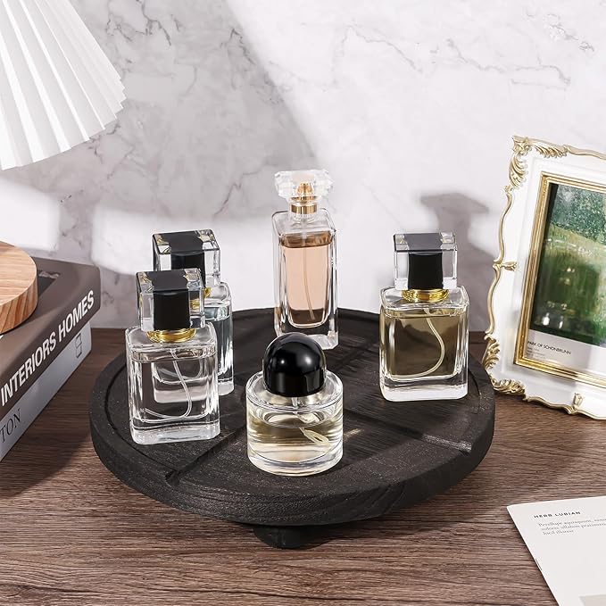 10'' Round Wooden Tray Pedestal Stand, Farmhouse Bathroom Decor Riser for Soap Dispenser, Perfume, Candle, 10'', Matte Black