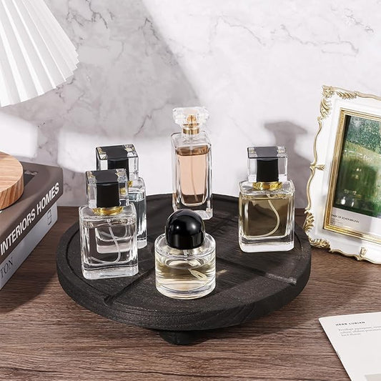 10'' Round Wooden Tray Pedestal Stand, Farmhouse Bathroom Decor Riser for Soap Dispenser, Perfume, Candle, 10'', Matte Black