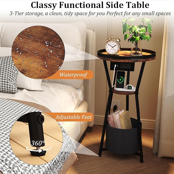Yusong Round Side Table with Charging Station, Small Drink Table for Small Spaces, 3-Tier Industrial End Table, Accent Nightstand Bedside Table for Living Room, Bedroom, Sofa Couch, Rustic Brown