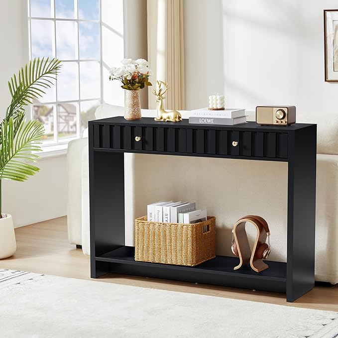 AVZEAR Entryway Console Table with Fluted Drawers, Mid Century Entryway Table with Storage, 43" Long Couch Table Behind Sofa Narrow Sofa Table Console Tables for Living Room Hallway Entrance, Black