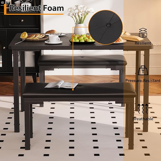 Garvee Dining Table Set for 4, 3-Piece Kitchen Table with 2 Upholstered Benches, Space-Saving Dining Room Set for Breakfast Nook and Small Spaces, Black