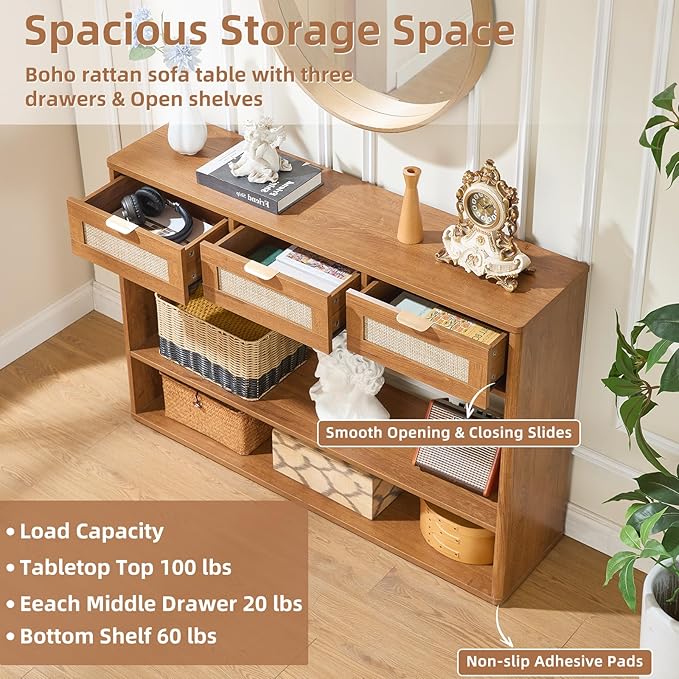 LEYAOYAO 48" Boho Rattan Console Table with 3 Drawers Set of 2,Wooden Entryway Table with Open Storage Shelf, 3 Tier Narrow Long Behind Couch Sofa Tables for Living Room, Hallway, Foyer, Brown