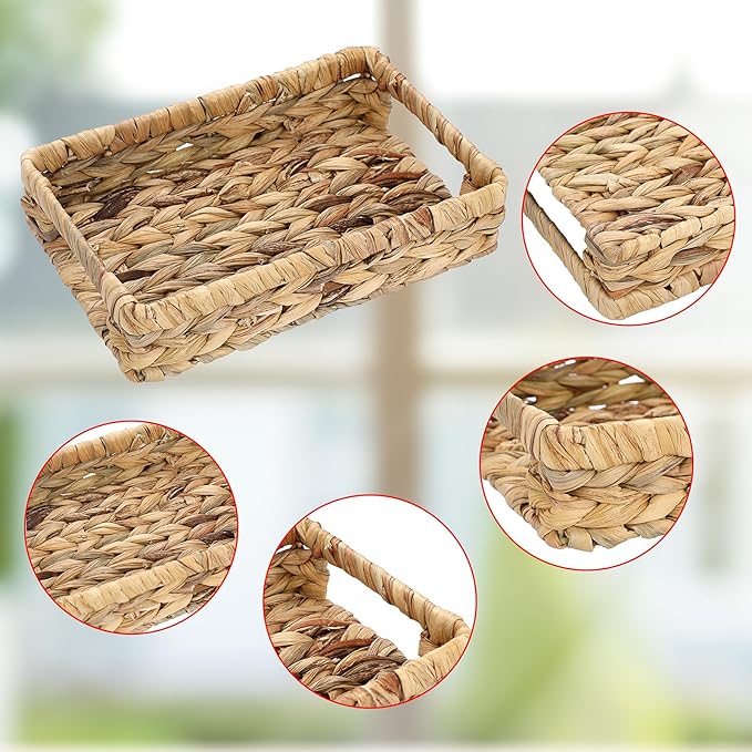 Sumnacon Bathroom Tray for Counter 9.8 Inch Water Hyacinth Bathroom Trays Over Toilet, Wicker Toilet Tank Organizer Decorative Countertop Trays for Toilet Vanity Kitchen Shelf Dining Table Desk