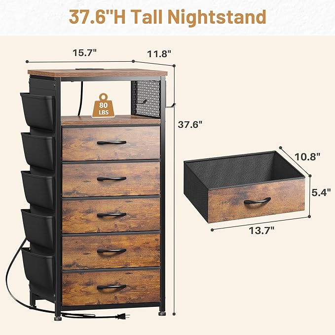 EnHomee Tall Night Stand with 5 Drawers, LED Nightstand with Ports & Outlets, Bedside Table with Extra Side Bag & Storage Shelf & Hooks, Bedroom, Dorm, Closet