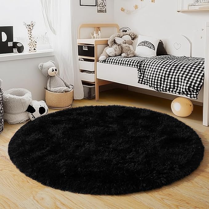 3'x3' Black Round Rug for Bedroom, Ultra Soft Fluffy Circle Rug for Kids Girls Boys Room, Cute Small Shag Rugs for Living Room Playroom Teen Room Home Decor Rug
