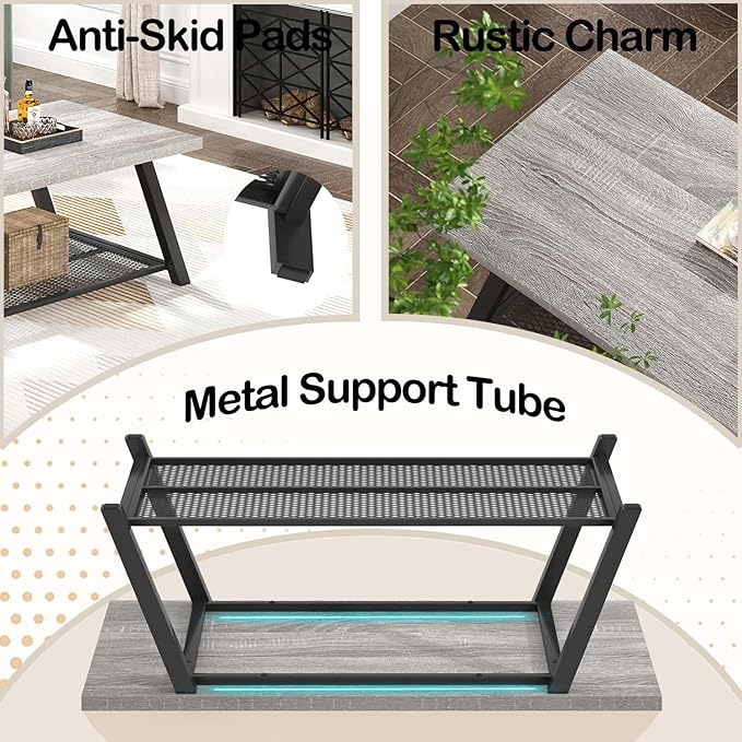 FOLUBAN Industrial Coffee Table, Rustic Wood and Metal Center Table with Storage, Modern Rectangle Cocktail Tea Table for Living Room Office, Light Grey, 47 Inch