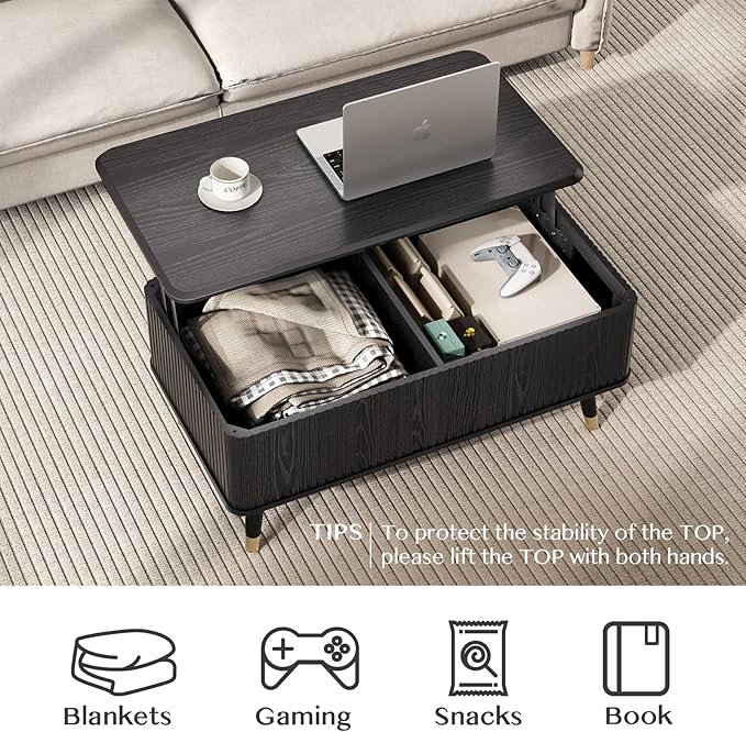 Lift Top Coffee Table with Storage Shelf & Hidden Compartment, Mid Century Modern Fluted Rectangle Dining Table for Living Room, Home Office,Black