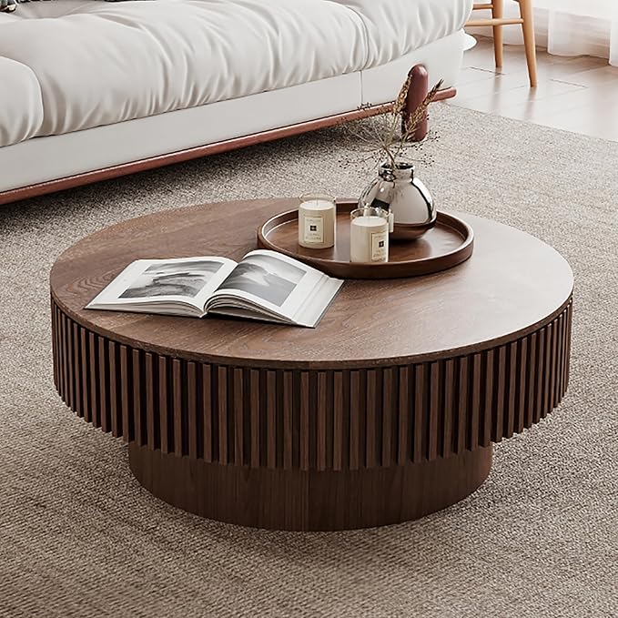 31.5'' Round Coffee Table for Living Room, Solid Wood Veneered Modern Nesting Coffee Tables with Storage, Circle Fluted Drum End Side Accent Tea Table for Bedroom Apartment Office, Walnut