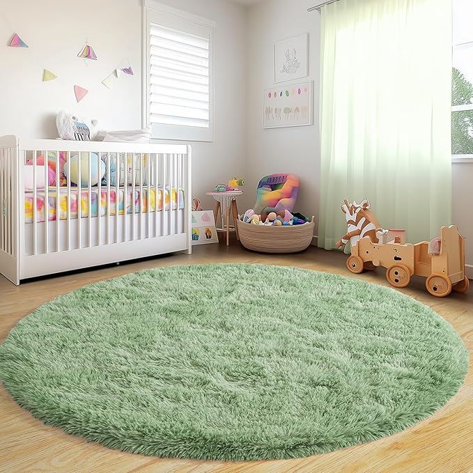 Round Fluffy for Bedroom Rugs, 5Ft Sage Green Shag Circle Rug Non-Slip for Kids Girls Boys Bedroom Dorm Nursery Playroom, Soft Cute Area Rugs for Living Room Decor