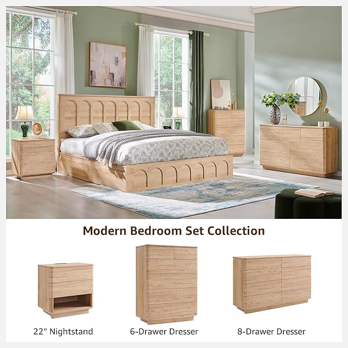 ACCOHOHO Nightstand Set of 2 with Charging Station, 22" Large Modern Bedside Table with 2 Drawers Storage,Push-to-Open End Table for Bedroom,Living Room,Natural Oak