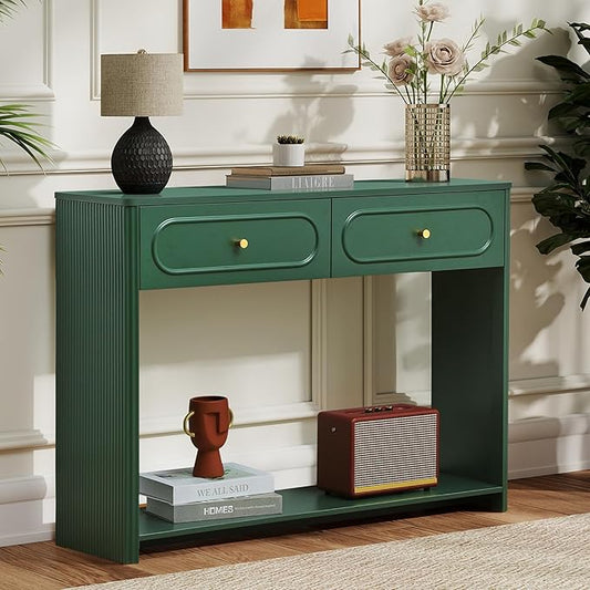 Fluted Console Table with Drawers, Mid-Century Narrow Entryway Table with Open Storage Shelves, Hallway Accent Tables Behind Couch Tables for Living Room (Green)