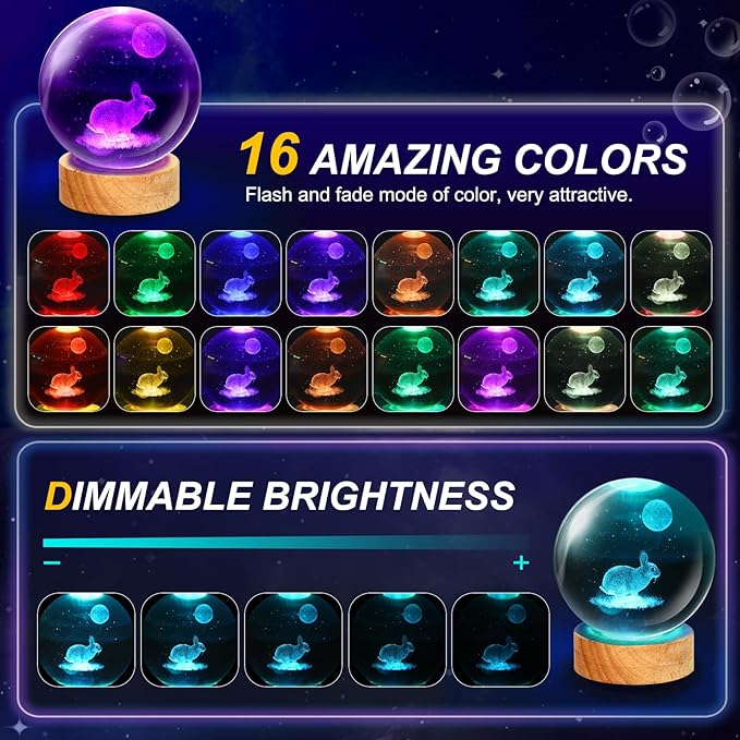 Rabbit Crystal Ball Night Light - 3.15 Inch 16 Color LED Rabbit Glass Ball Lamp with Wooden Base and Remote Control - Perfect Decorations Gifts for Kids, Boys, Girls, Teens