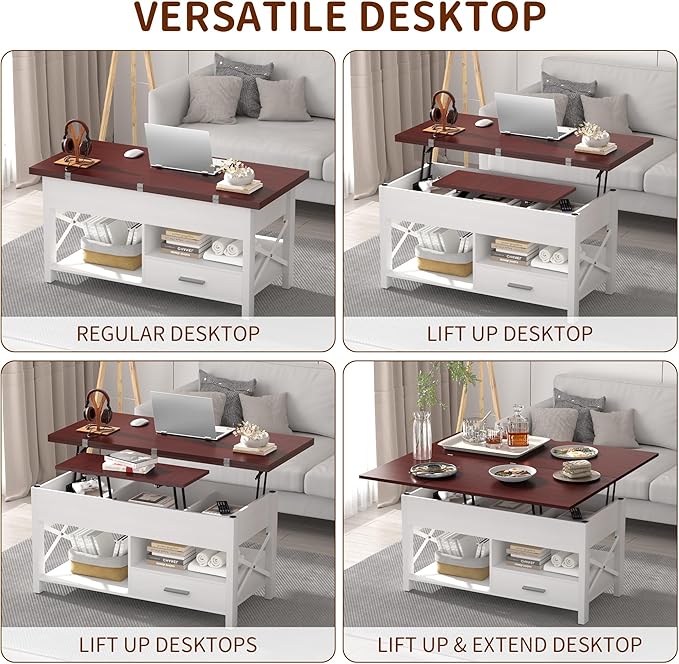 Lift Top Coffee Table with Storage, Convertible Coffee Table Converts to Dining Table, Center Table with Drawer and Hidden Compartment, Farmhouse Coffee Tables with Lifting Top for Living Room, White